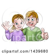 Clipart Of A Cartoon Casual Young Caucasian Couple Waving And Giving A Thumb Up Royalty Free Vector Illustration