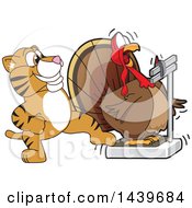 Tiger Cub School Mascot Character Stepping On A Scale While A Turkey Weighs Himself