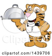 Tiger Cub School Mascot Character Waiter Holding A Cloche Platter