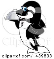 Killer Whale Orca School Mascot Character Waiter Holding A Cloche Platter