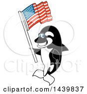 Poster, Art Print Of Killer Whale Orca School Mascot Character Waving American Flag