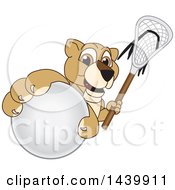 Lion Cub School Mascot Character Grabbing A Lacrosse Ball And Holding A Stick