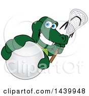 Gator School Mascot Character Grabbing A Lacrosse Ball And Holding A Stick