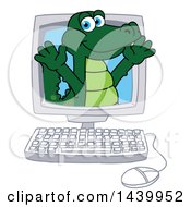 Clipart Of A Gator School Mascot Character Emerging From A Computer Screen Royalty Free Vector Illustration by Toons4Biz