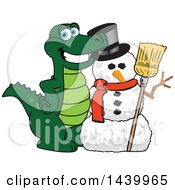 Gator School Mascot Character With A Snowman