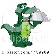 Gator School Mascot Character Waiter Holding A Cloche Platter