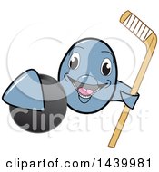 Porpoise Dolphin School Mascot Character Grabbing A Hockey Puck And Holding A Stick