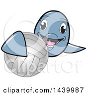 Poster, Art Print Of Porpoise Dolphin School Mascot Character Grabbing A Volleyball