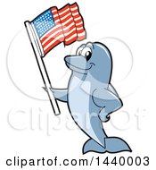 Poster, Art Print Of Porpoise Dolphin School Mascot Character Waving An American Flag