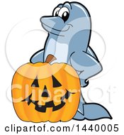 Poster, Art Print Of Porpoise Dolphin School Mascot Character With A Halloween Jackolantern Pumpkin