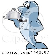 Clipart Of A Porpoise Dolphin School Mascot Character Waiter Holding A Cloche Platter Royalty Free Vector Illustration by Toons4Biz