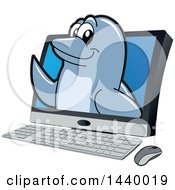 Porpoise Dolphin School Mascot Character Emerging From A Computer Screen