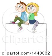 Poster, Art Print Of Cartoon Caucasian Couple Sitting On Top Of A Sign