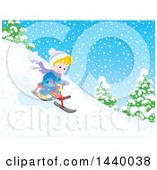Poster, Art Print Of Happy Blond Caucasian Boy Riding A Snow Trike Down A Hill