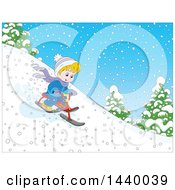 Poster, Art Print Of Cartoon Happy Blond White Boy Riding A Snow Trike Down A Hill