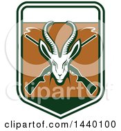 Poster, Art Print Of Green Gazelle Or Saiga Antelope Head Over Crossed Smoking Hunting Rifles In A Shield