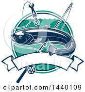 Poster, Art Print Of Catfish Over A Circle With A Hook And Fishing Pole Over A Banner