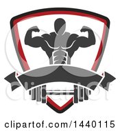 Poster, Art Print Of Silhouetted Flexing Male Bodybuilder In A Shield Over A Banner And Barbell