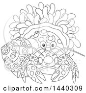 Clipart Of A Cartoon Black And White Hermit Crab And Anemone Royalty Free Vector Illustration by Alex Bannykh