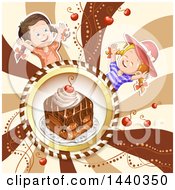 Clipart Of A Cake In A Frame With Celebrating Girls Royalty Free Vector Illustration