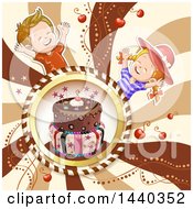 Clipart Of A Cake In A Frame With Celebrating Children Royalty Free Vector Illustration