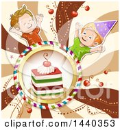 Clipart Of A Cake In A Frame With Celebrating Boys Royalty Free Vector Illustration