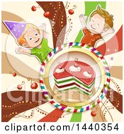 Clipart Of A Cake In A Frame With Celebrating Boys Royalty Free Vector Illustration