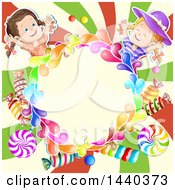 Clipart Of A Colorful Splash Circle Frame With Candy And Girls Royalty Free Vector Illustration by merlinul