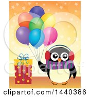 Clipart Of A Party Penguin Holding Balloons By A Gift Royalty Free Vector Illustration