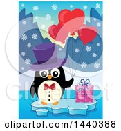 Clipart Of A Penguin Holding Heart Balloons With A Valentine Gift On Ice Royalty Free Vector Illustration