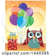 Clipart Of A Party Owl Holding Balloons By A Gift Royalty Free Vector Illustration