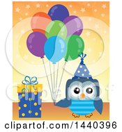 Clipart Of A Party Owl Holding Balloons By A Gift Royalty Free Vector Illustration