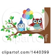 Clipart Of Party Owls On A Tree Branch Royalty Free Vector Illustration