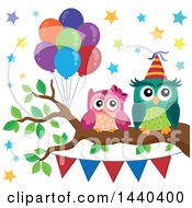 Clipart Of Party Owls On A Tree Branch Royalty Free Vector Illustration