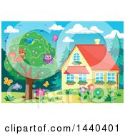 Poster, Art Print Of Bird Swuirrel And Owl In A Tree By A House