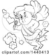 Poster, Art Print Of Black And White Lineart Valentines Day Cupid Blowing Bubbles