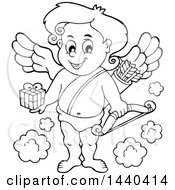 Poster, Art Print Of Black And White Lineart Valentines Day Cupid Holding A Gift