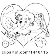 Poster, Art Print Of Black And White Lineart Valentines Day Cupid Emerging From A Heart