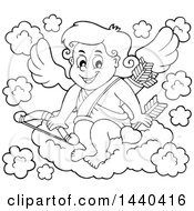 Poster, Art Print Of Black And White Lineart Valentines Day Cupid Sitting On A Cloud