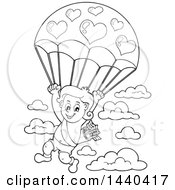 Poster, Art Print Of Black And White Lineart Valentines Day Cupid Parachuting