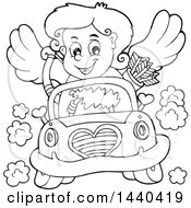 Poster, Art Print Of Black And White Lineart Valentines Day Cupid Driving A Car