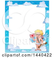 Clipart Of A Sky Border With A Happy Cupid Holding A Valentine And Standing On A Cloud Royalty Free Vector Illustration