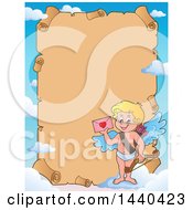 Clipart Of A Sky And Parchment Border With A Happy Cupid Holding A Valentine And Standing On A Cloud Royalty Free Vector Illustration