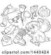 Clipart Of A Black And White Lineart Valentines Day Cupid And Elements Royalty Free Vector Illustration
