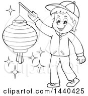 Poster, Art Print Of Cartoon Black And White Lineart Happy Boy Holding A Paper Lantern