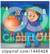 Poster, Art Print Of Cartoon Happy Caucasian Boy Holding A Paper Lantern In A Town