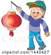 Poster, Art Print Of Cartoon Happy Caucasian Boy Holding A Paper Lantern