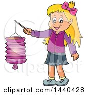 Poster, Art Print Of Cartoon Happy Caucasian Girl Holding A Paper Lantern