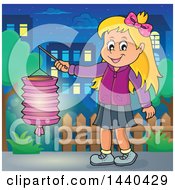 Poster, Art Print Of Cartoon Happy Caucasian Girl Holding A Paper Lantern In A Town