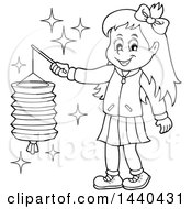 Poster, Art Print Of Cartoon Black And White Lineart Happy Girl Holding A Paper Lantern